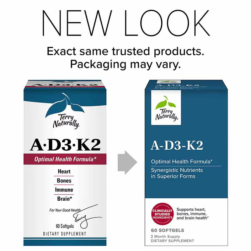 Two boxes of Terry Naturally A-D3-K2 supplement with text indicating a new look.