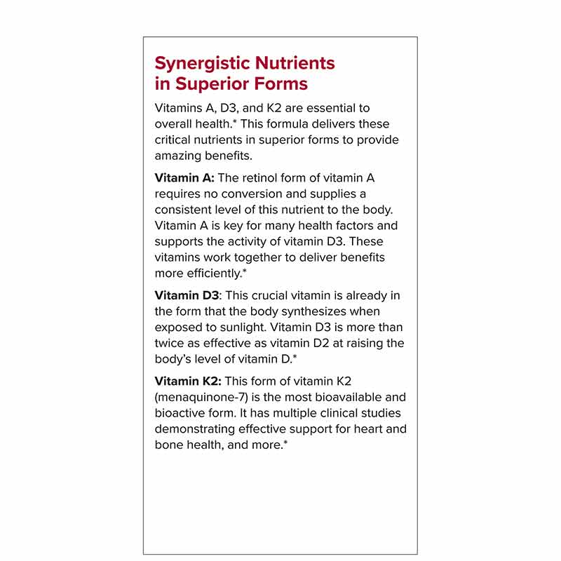 Text about synergistic nutrients including vitamins A, D3, and K2 on a white background.