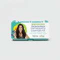 Homeopathy essentials kit with a woman holding a stethoscope on a white background