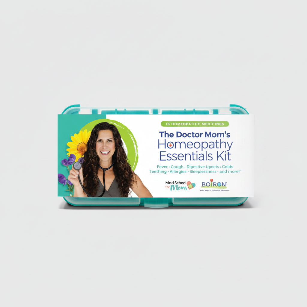 Homeopathy essentials kit with a woman holding a stethoscope on a white background