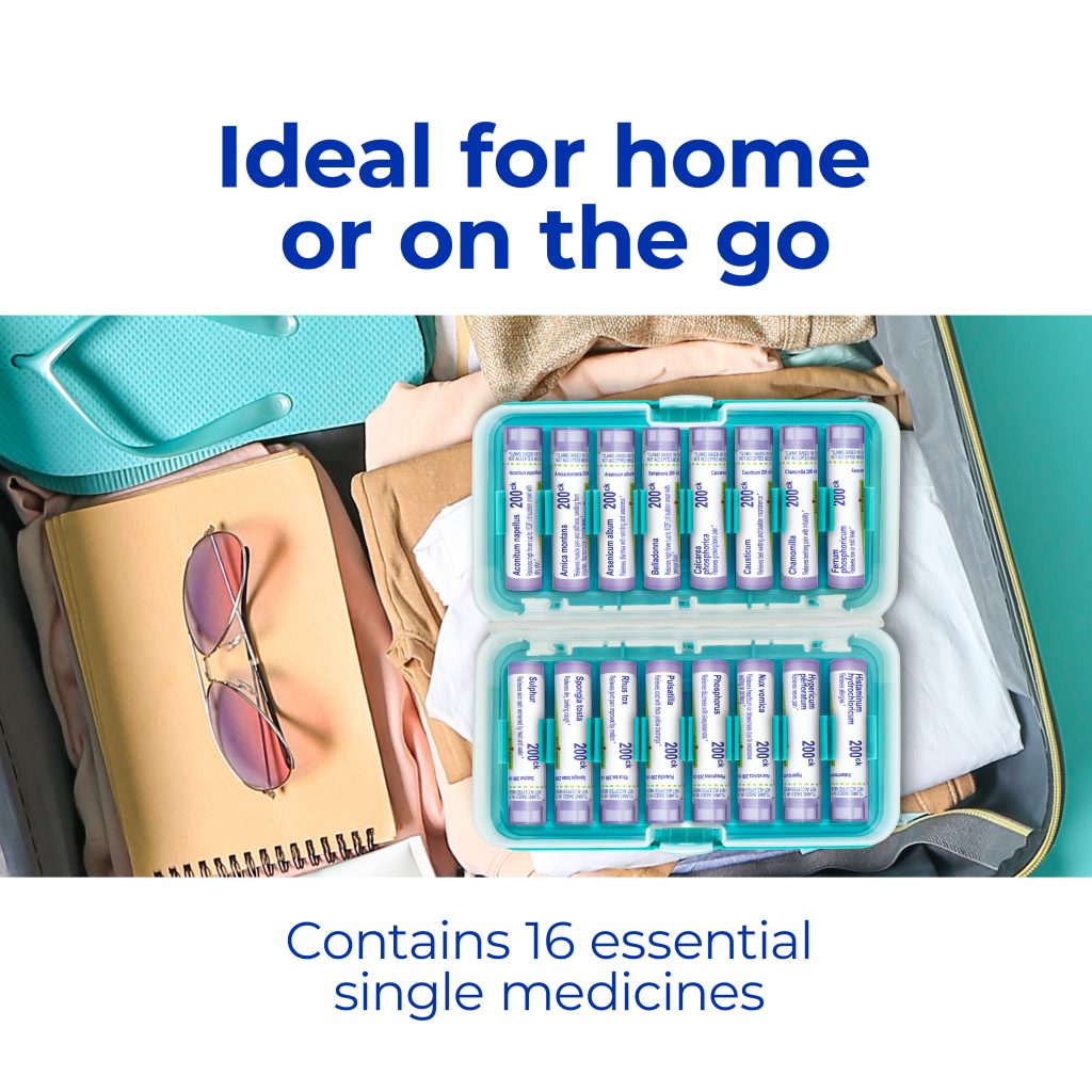 Medicine containers in a suitcase with text 'Ideal for home or on the go' and 'Contains 16 essential single medicines'.