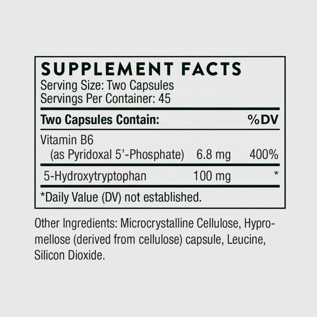 Supplement facts label for capsules with Vitamin B6 and 5-Hydroxytryptophan on a white background.