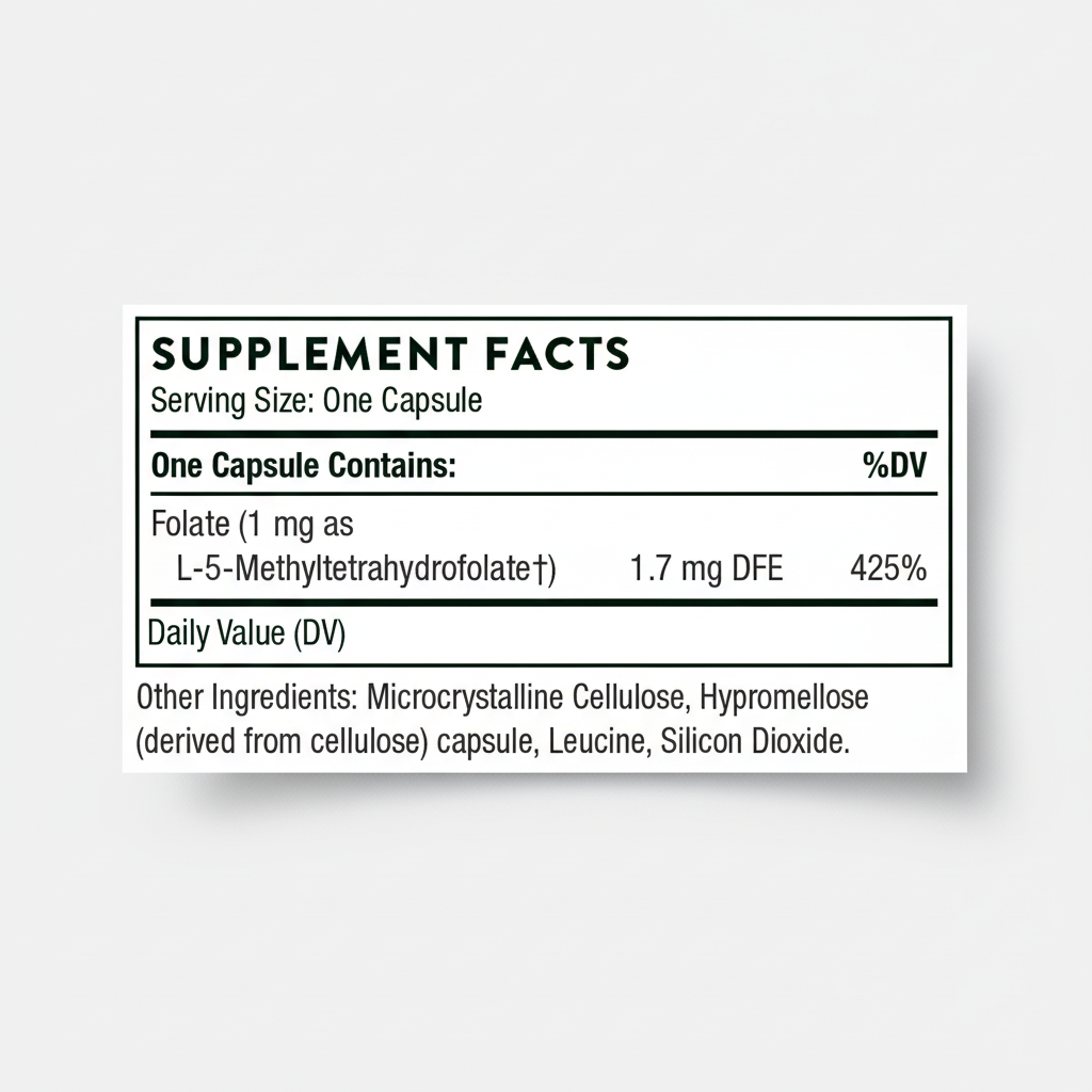 Supplement facts label for a capsule containing L-5-Methyltetrahydrofolate on a white background.