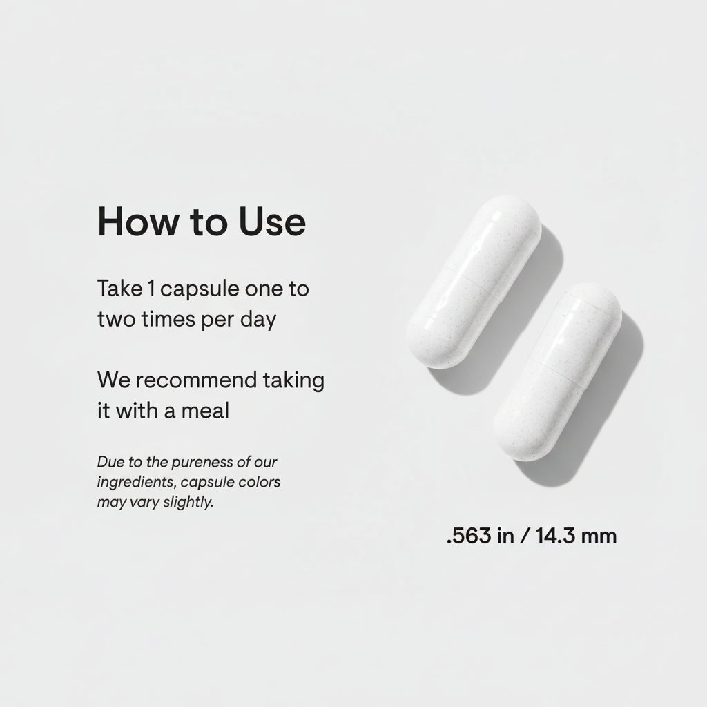 White capsule with text on how to use it and its dimensions.