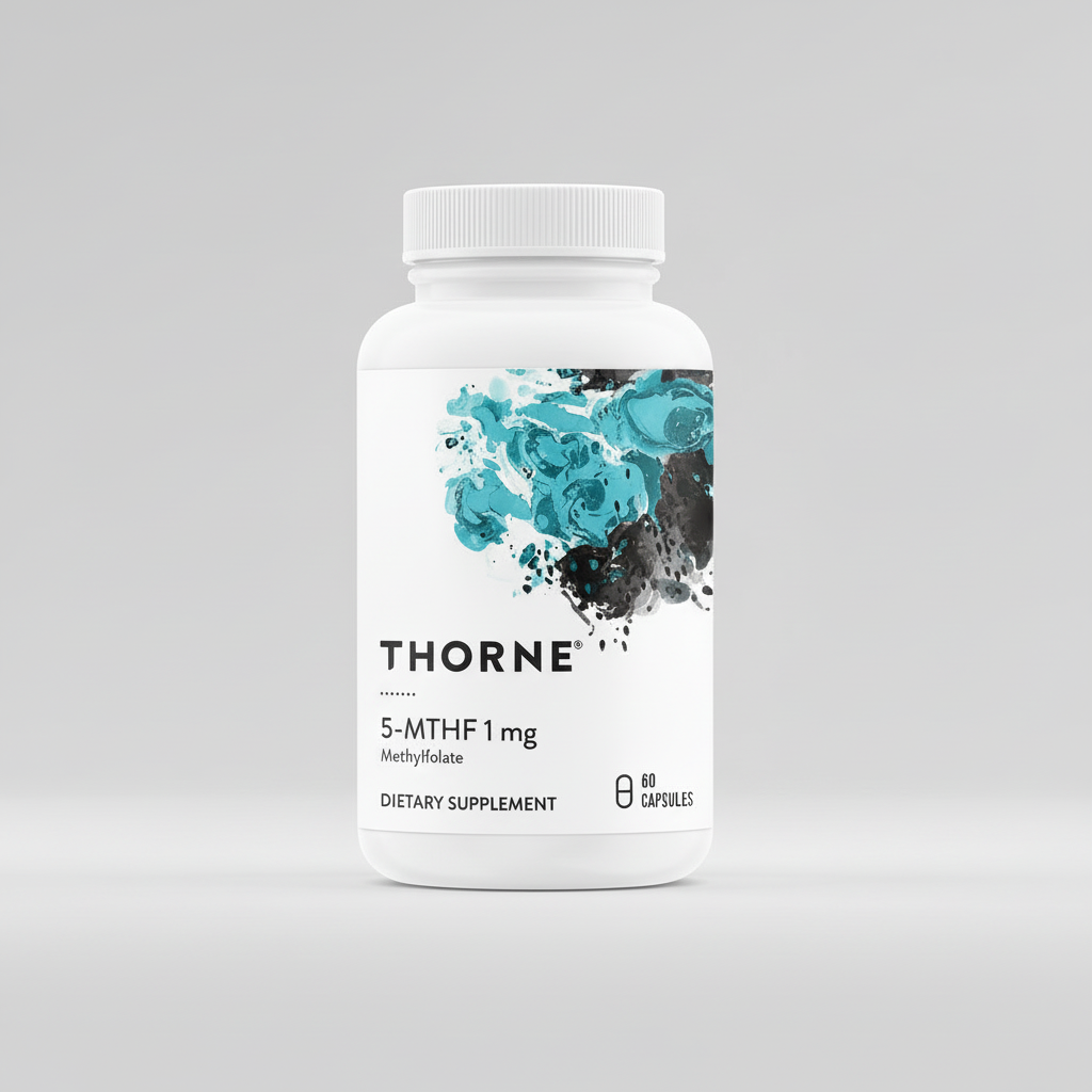 Thorne dietary supplement bottle with blue design on a white background
