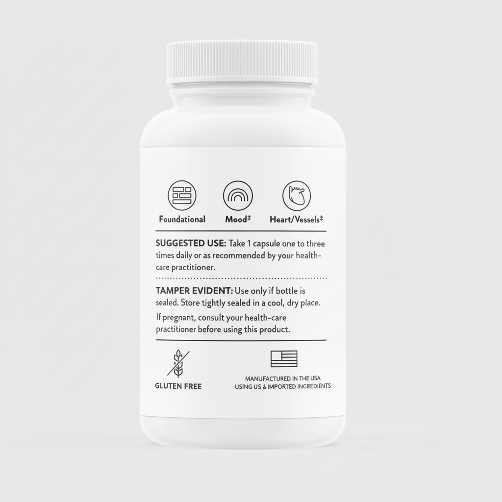 White supplement bottle with label on a black background
