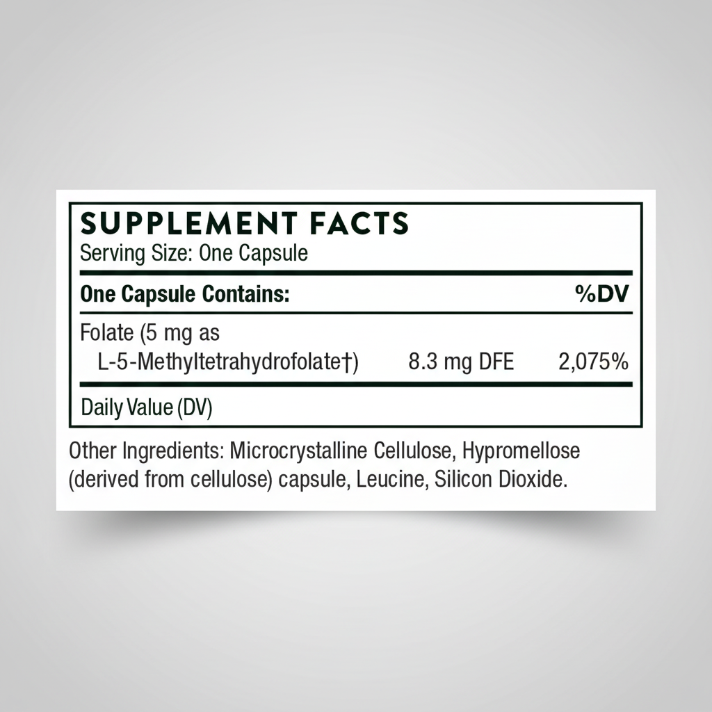 Supplement facts label for a capsule containing L-5-Methyltetrahydrofolate.