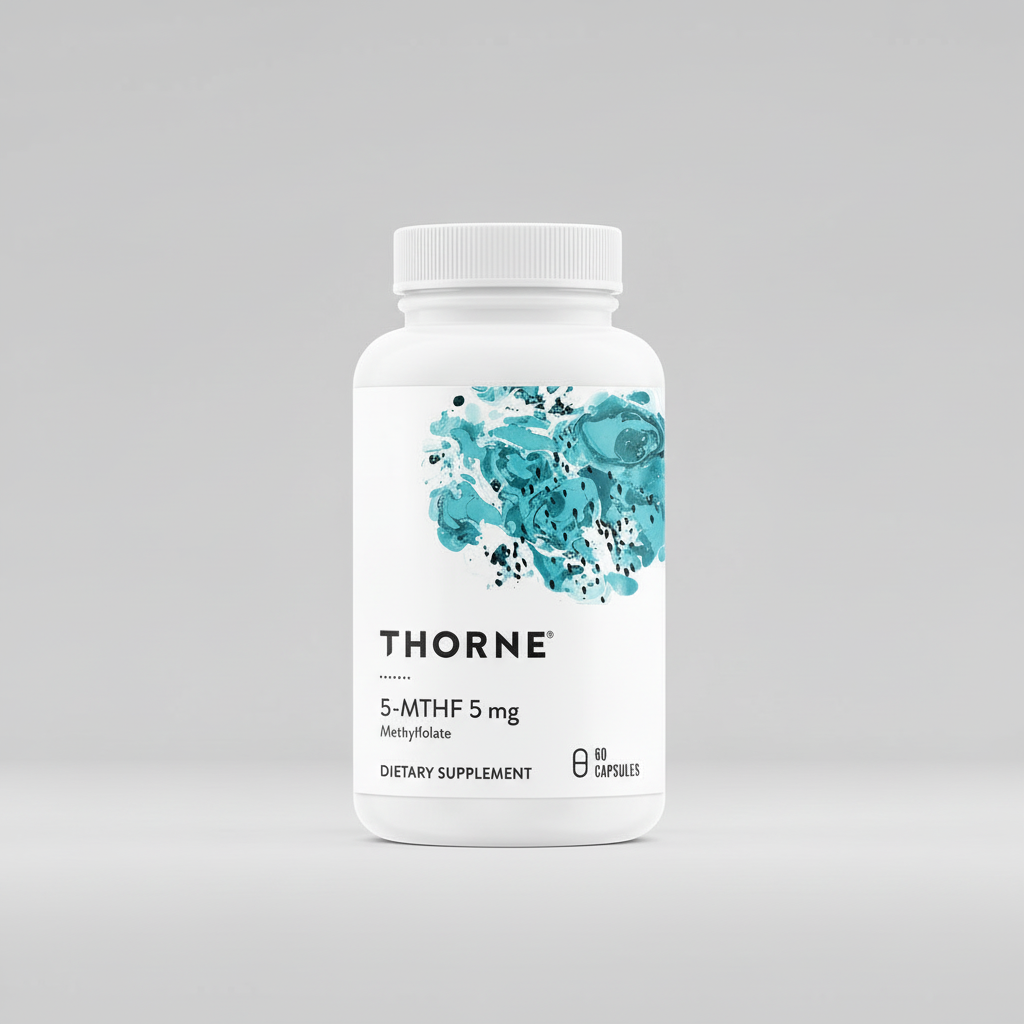 Thorne dietary supplement bottle with blue abstract design on a white background