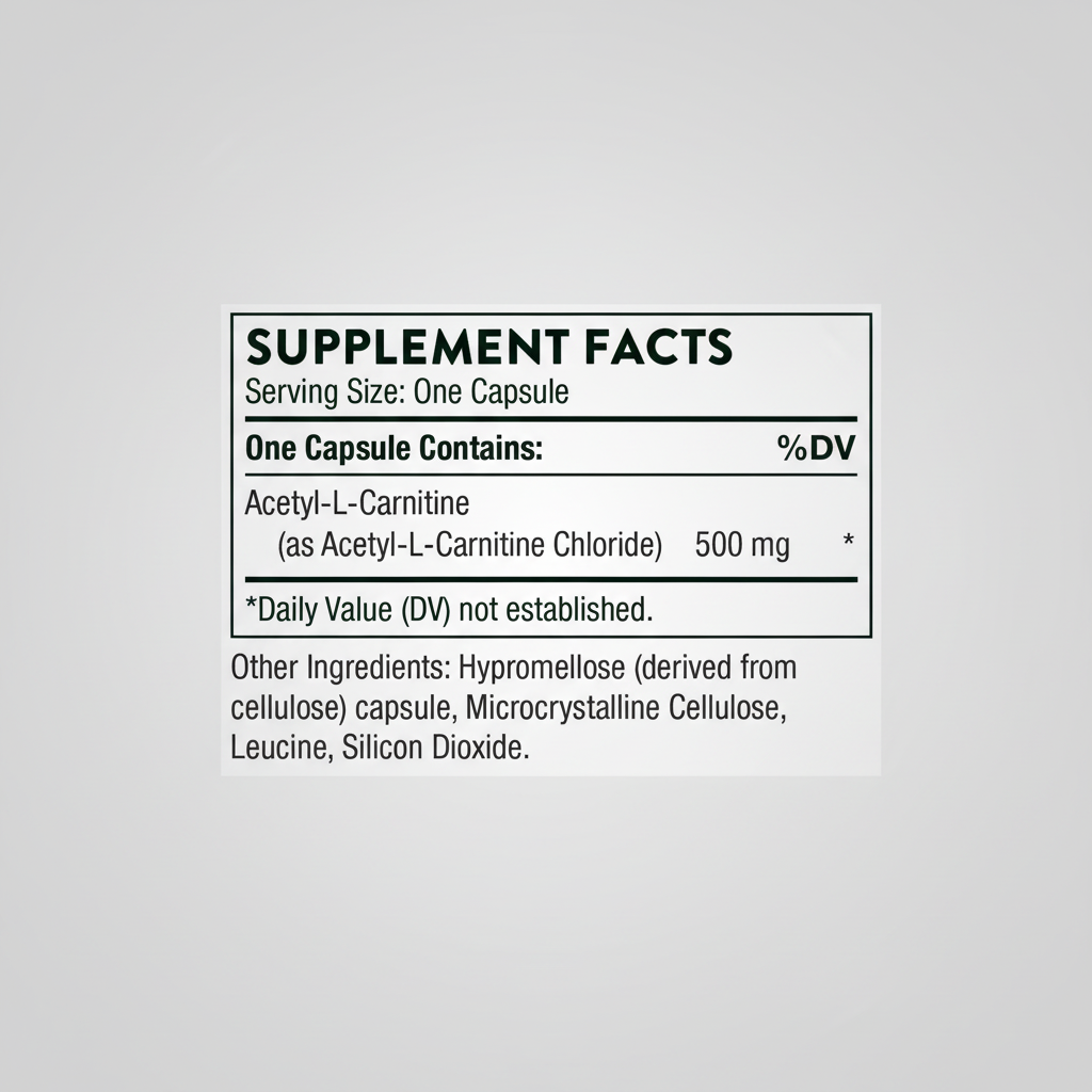 Supplement facts label for Acetyl-L-Carnitine capsules on a white background
