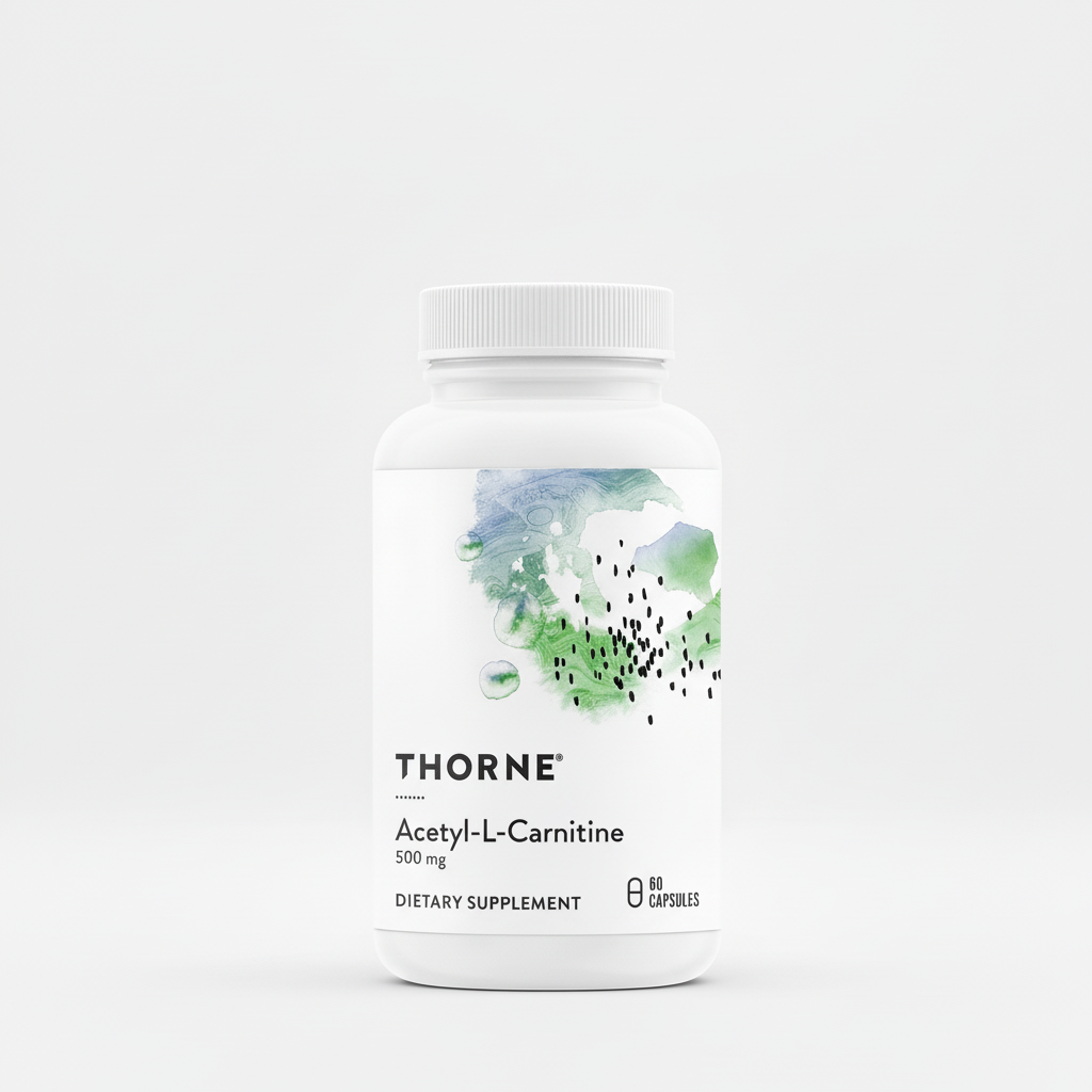 Thorne Acetyl-L-Carnitine dietary supplement bottle on a white background
