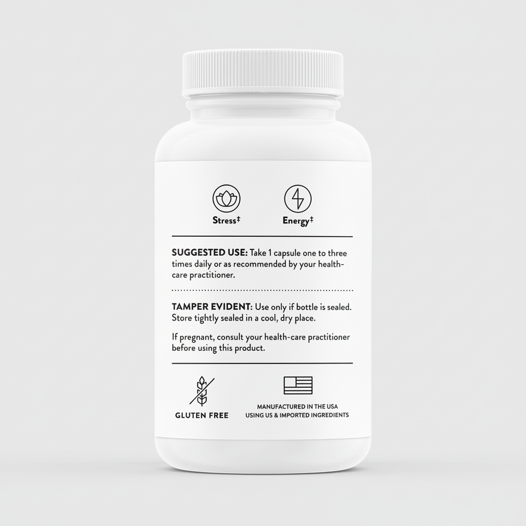 White supplement bottle with label on a black background