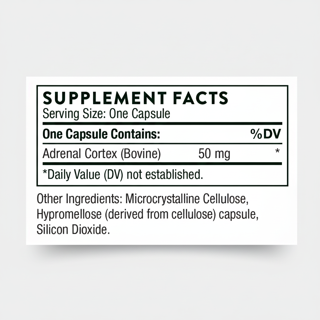 Supplement facts label for a capsule containing Adrenal Cortex (Bovine) on a white background.