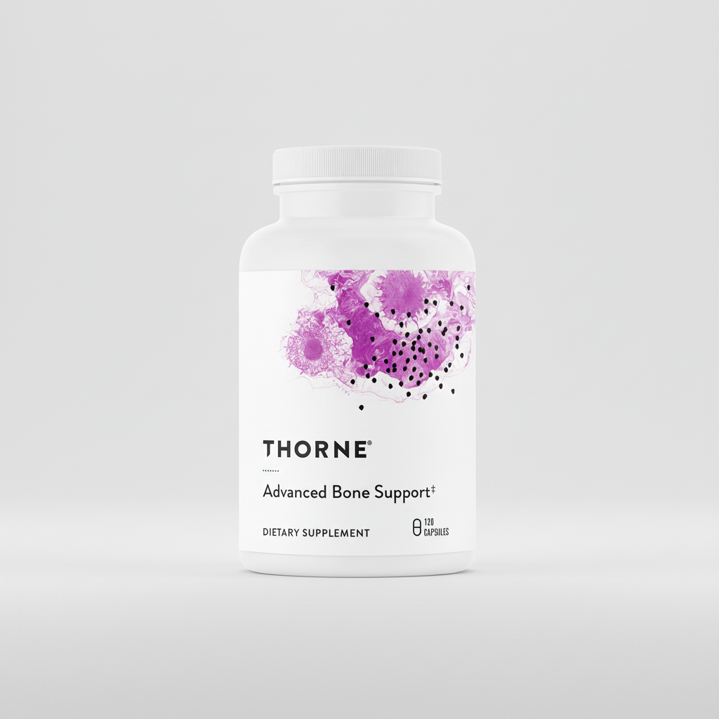 Thorne Advanced Bone Support dietary supplement bottle on a white background