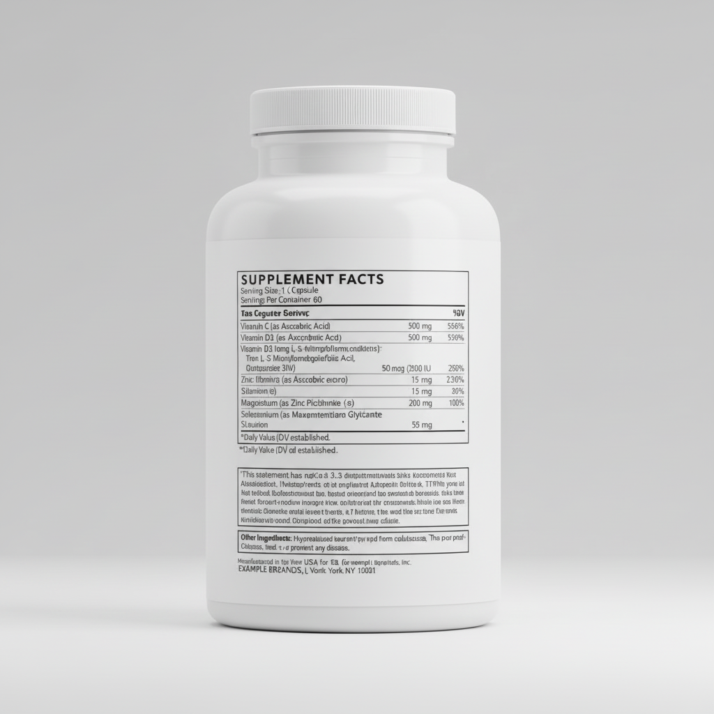 Supplement bottle with label on a white background