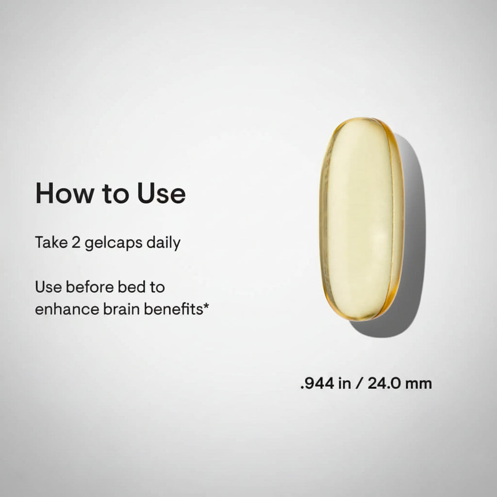 Gold-colored gelcap supplement with usage instructions on a white background