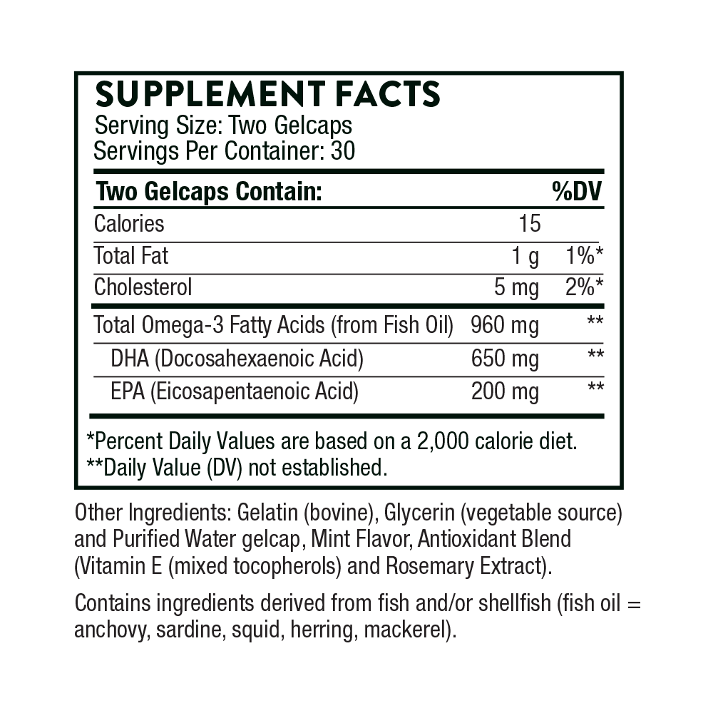 Supplement facts label for two gelcaps with nutritional information.
