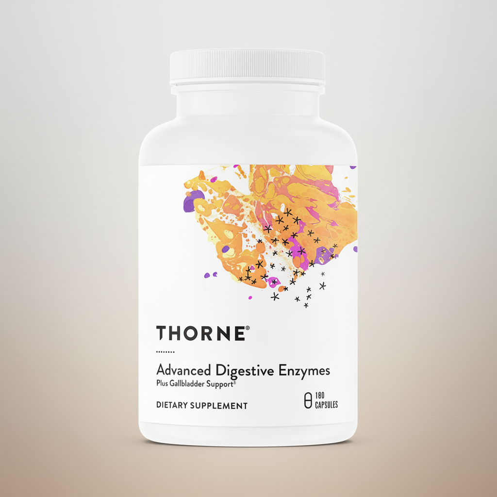 Thorne Advanced Digestive Enzymes supplement bottle on a white background