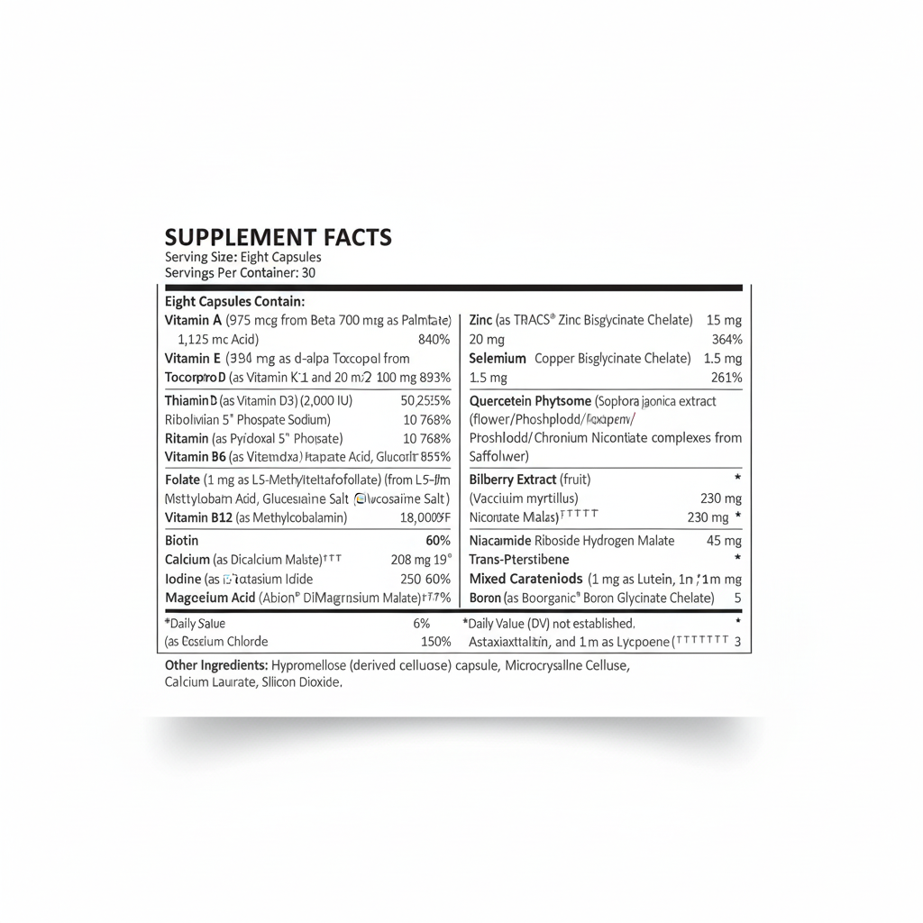 Supplement facts label with detailed nutritional information on a white background