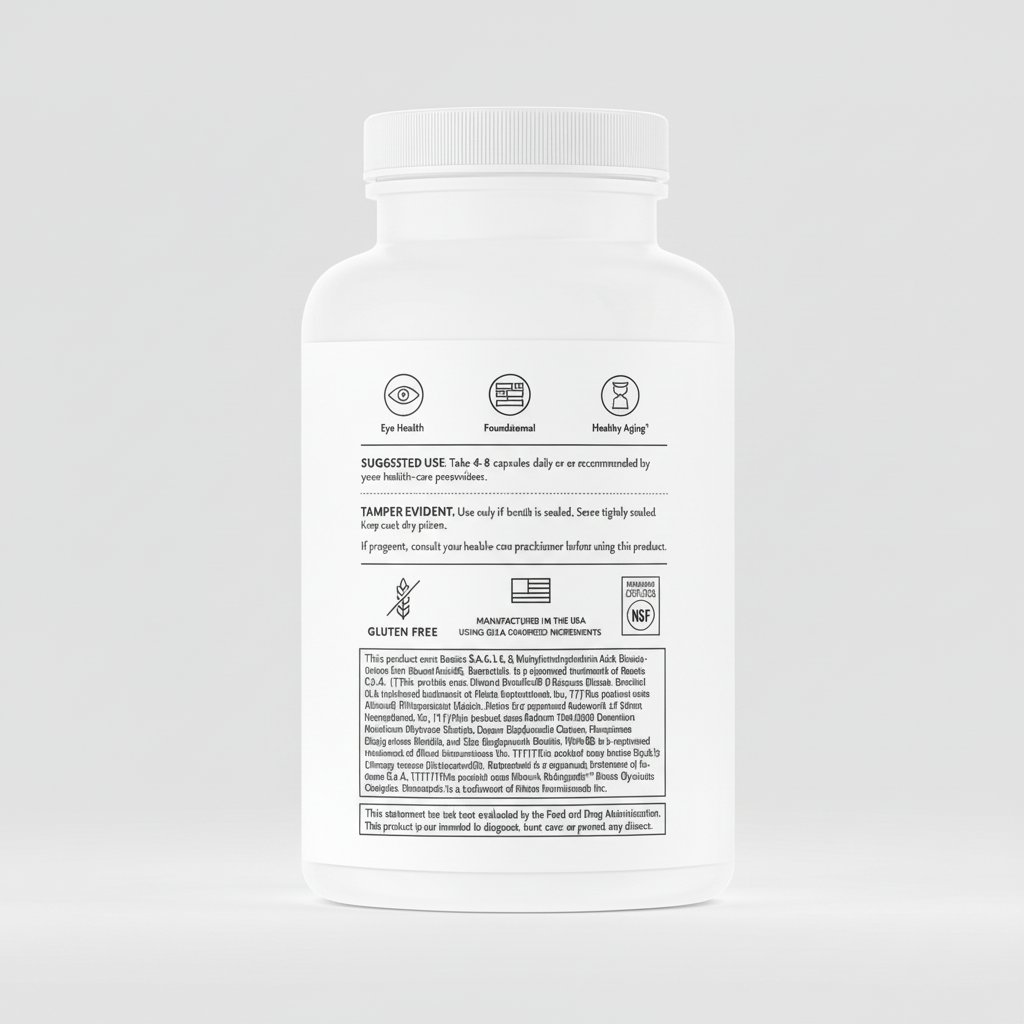 Supplement bottle label with text on a white background
