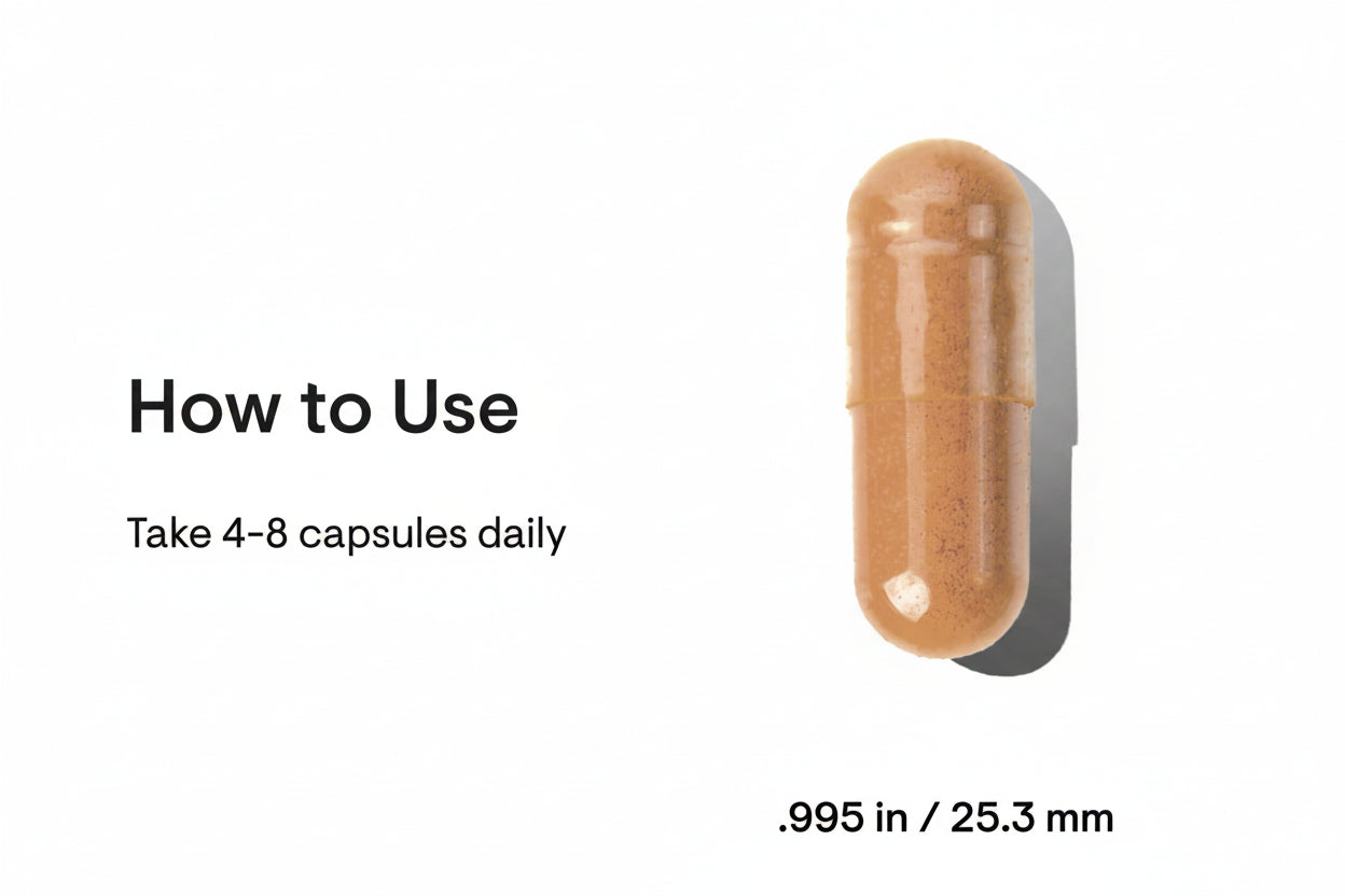 Brown capsule with text on how to use and dimensions on a white background