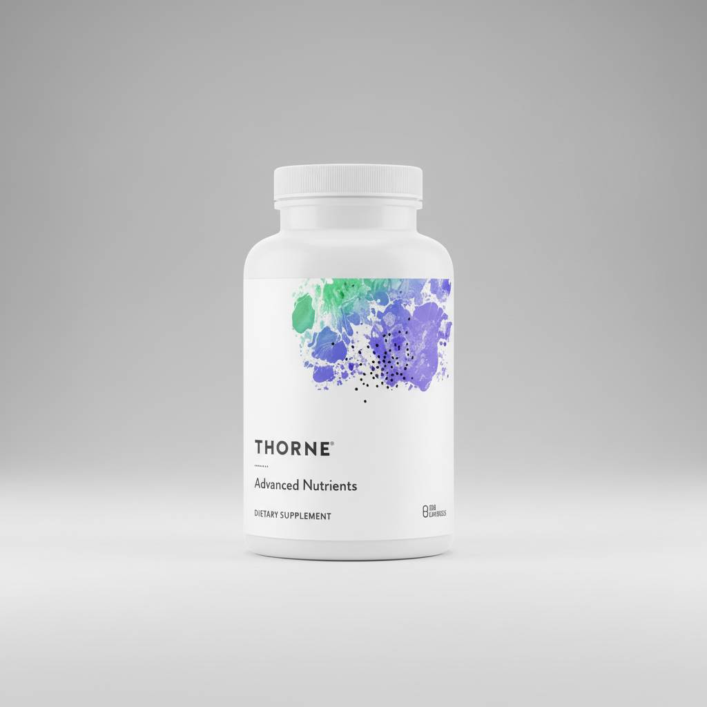 Thorne Advanced Nutrients dietary supplement bottle with colorful label on a white background