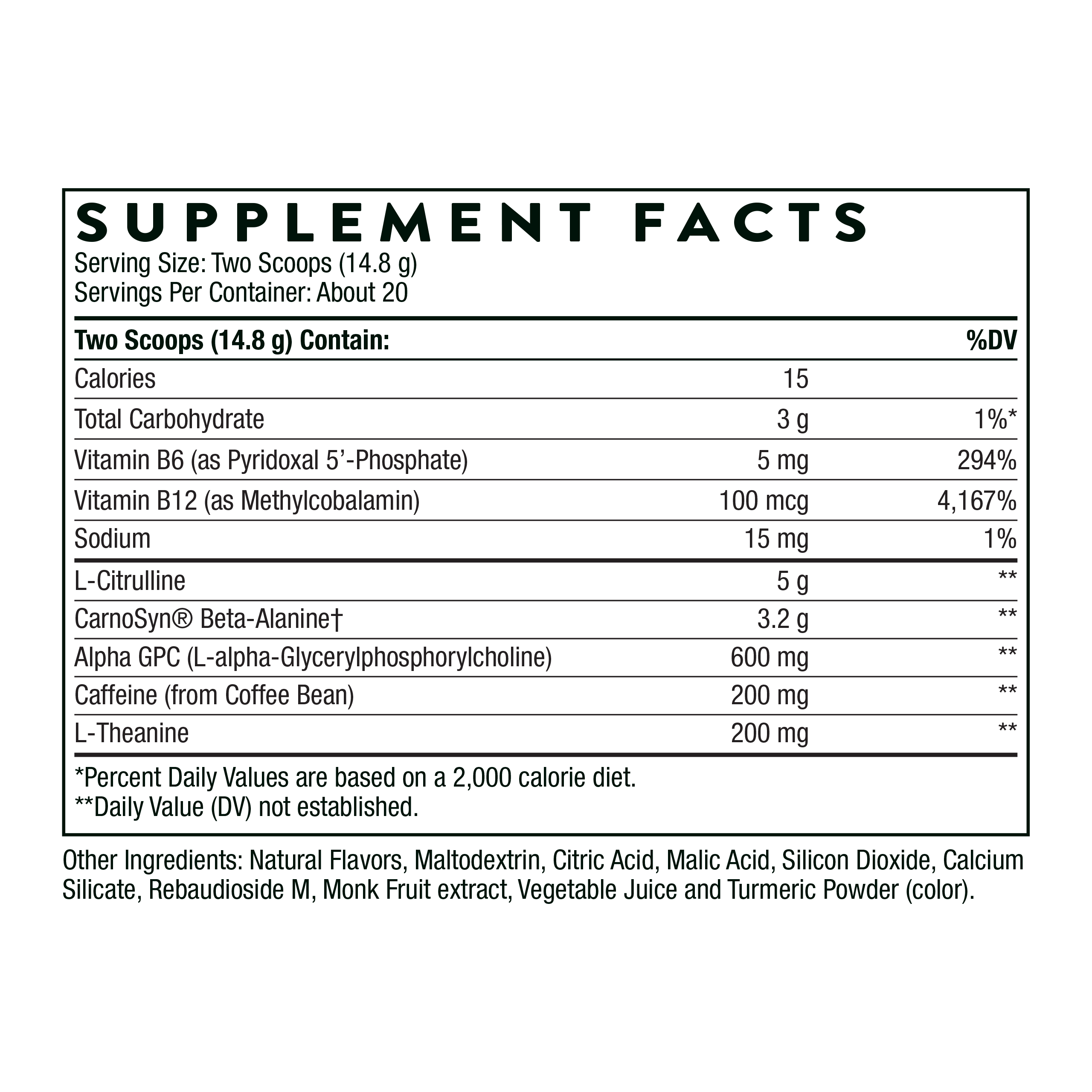 Supplement facts label for a product with various nutrients listed.