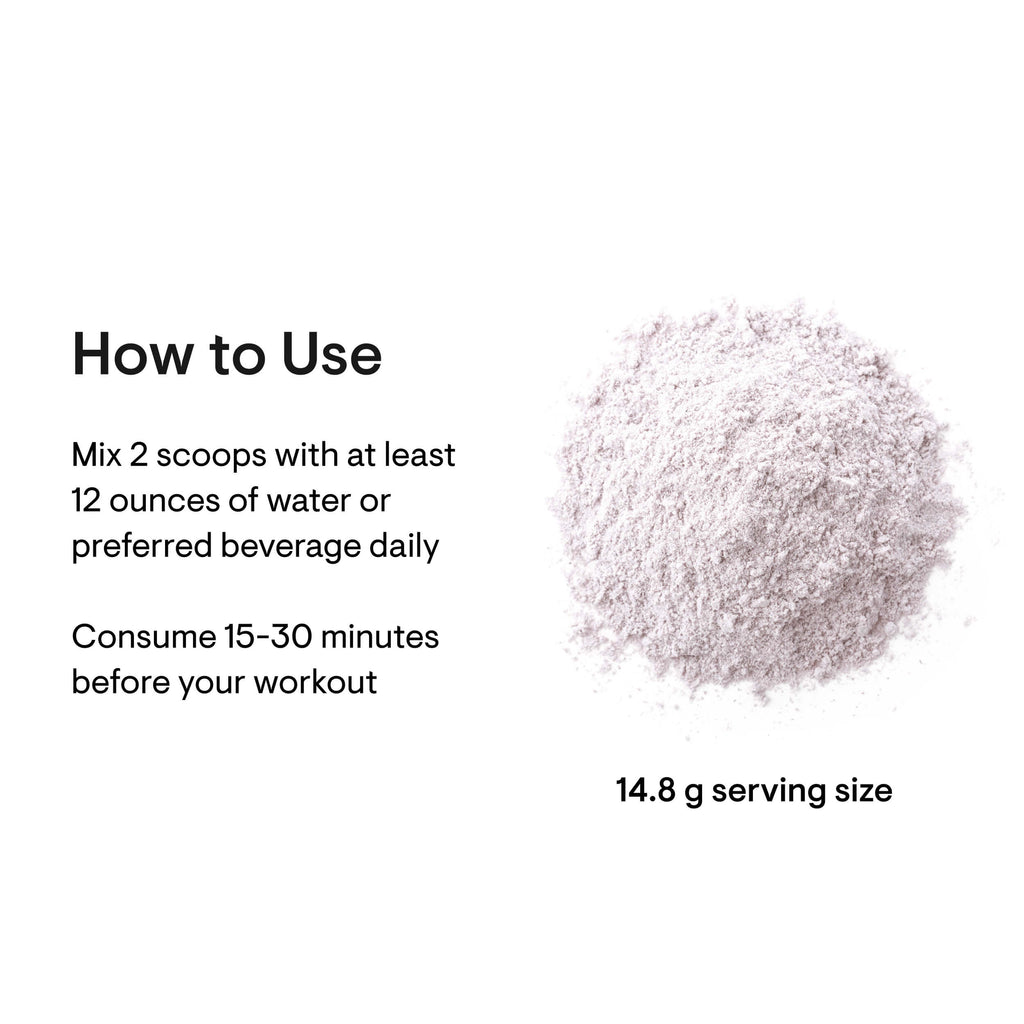 Powdered supplement with text on how to use and serving size on a white background