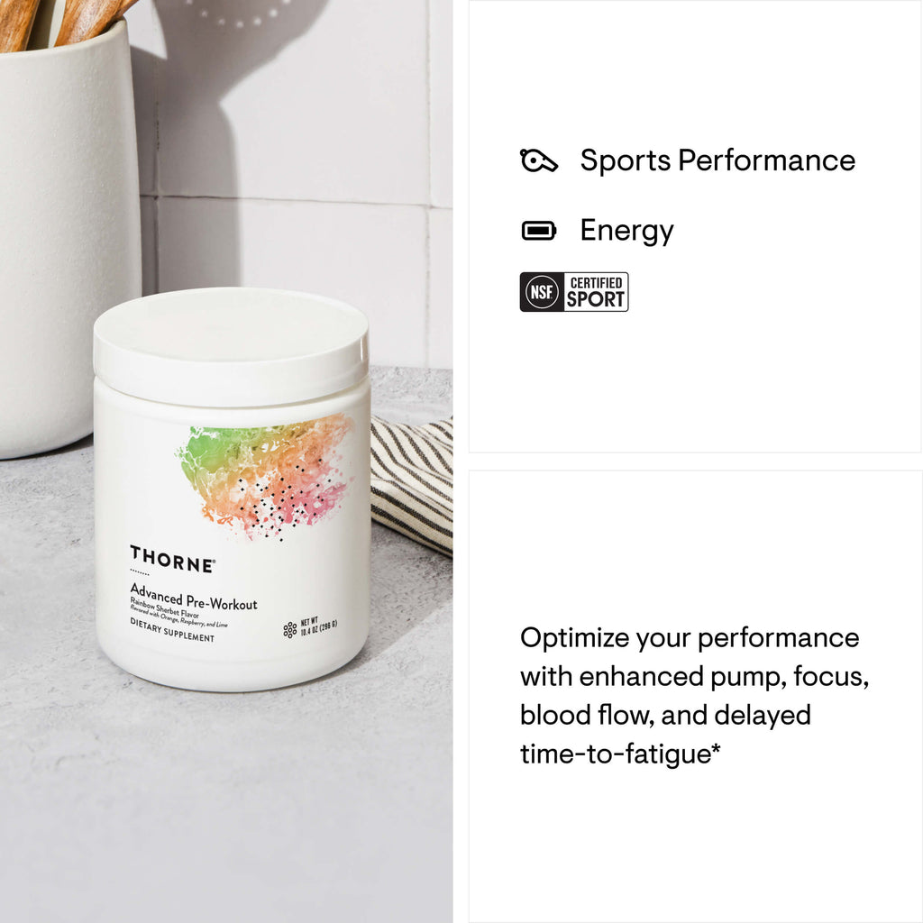Thorne Sports Performance energy supplement container on a countertop with text about product benefits.