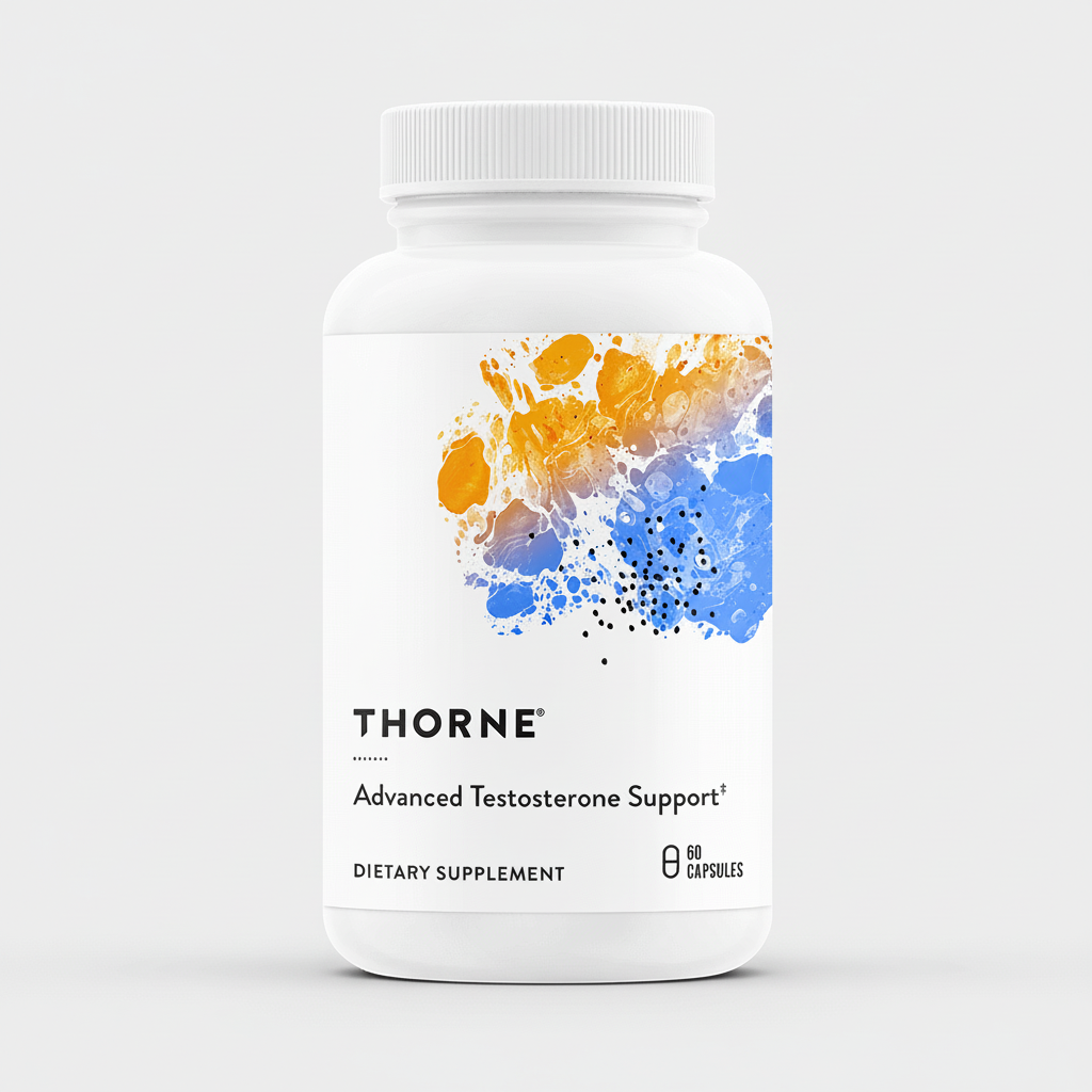 Thorne Advanced Testosterone Support dietary supplement bottle on a white background