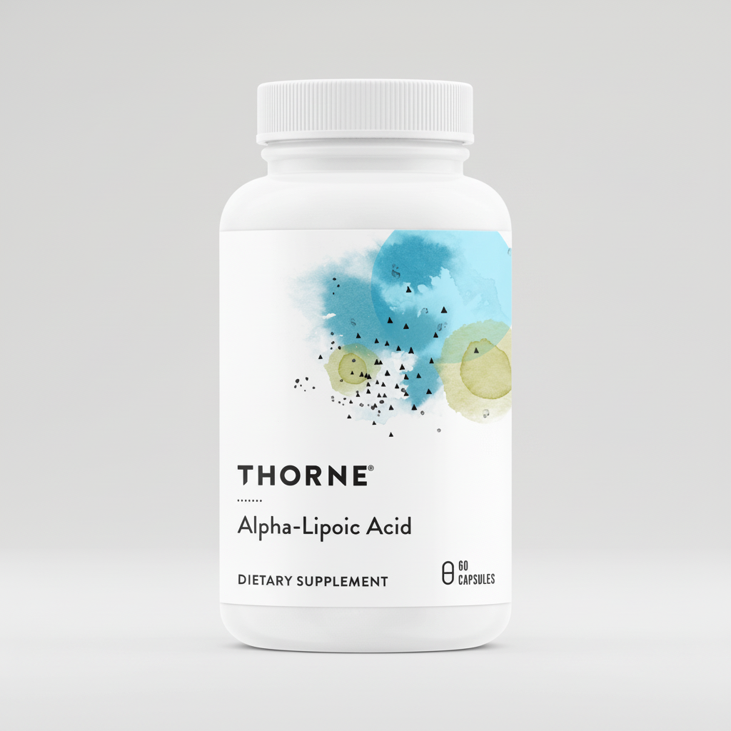 Thorne Alpha-Lipoic Acid dietary supplement bottle on a white background