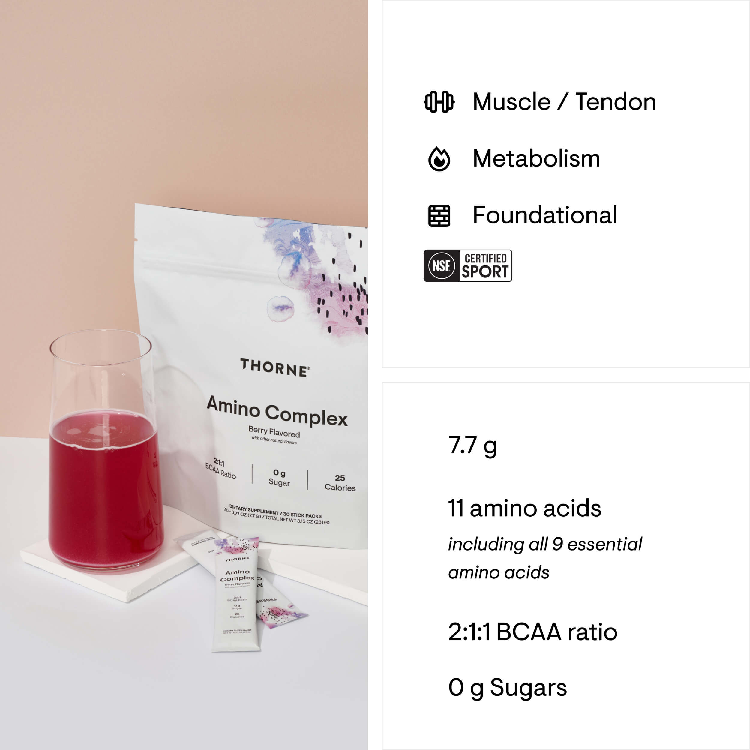 Thorne Amino Complex supplement package with a glass of red liquid on a light background