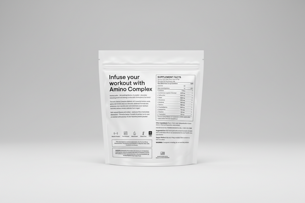 Amino acid supplement package with text on a white background