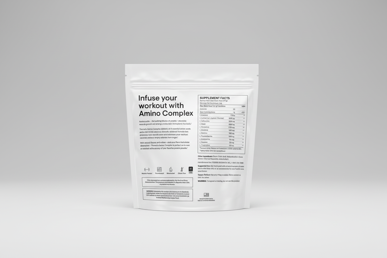 Amino acid supplement package with text on a white background