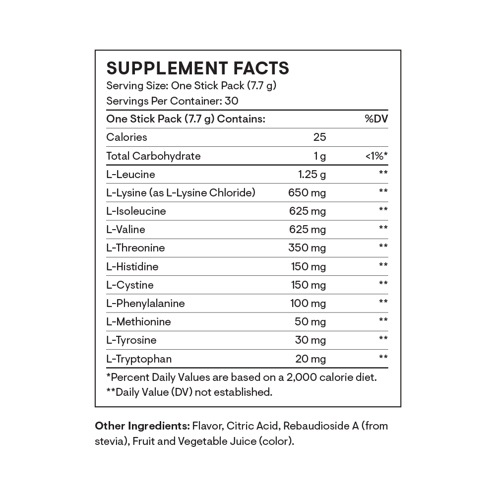 Supplement facts label for a product with various amino acid contents and serving size details.