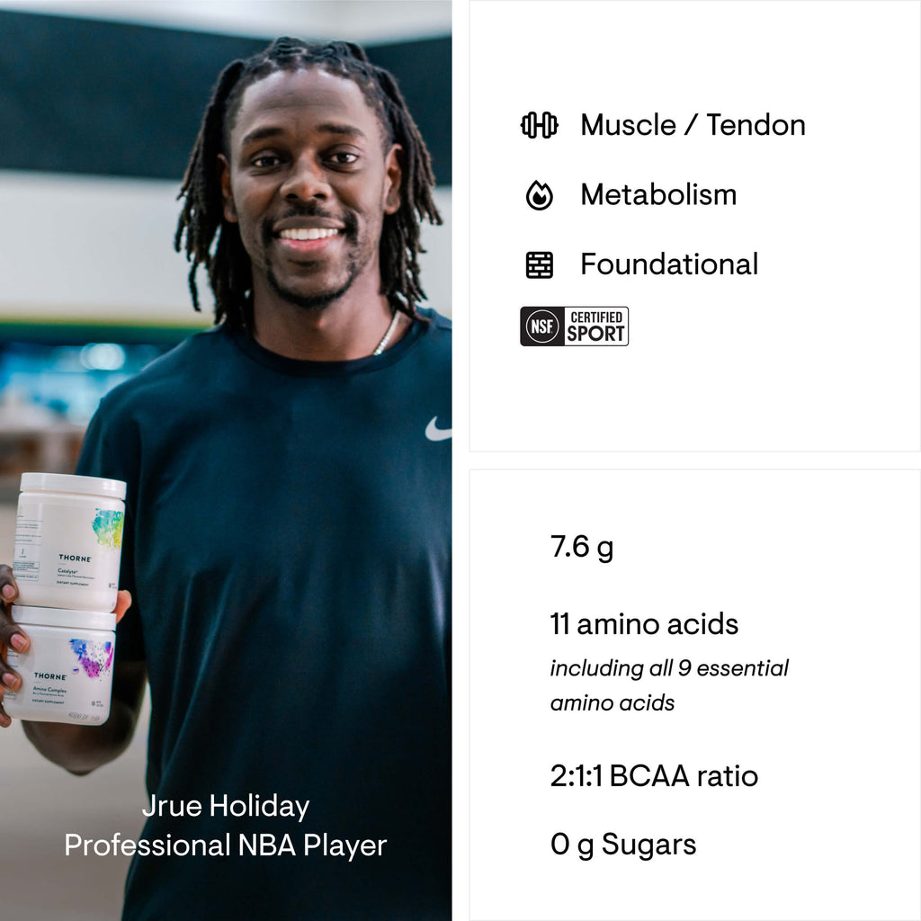 Man holding a supplement container with nutritional information on the right