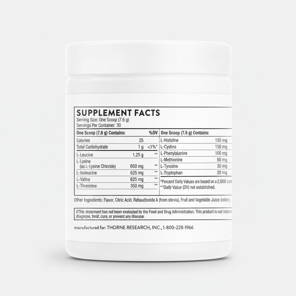 Supplement container with a detailed supplement facts label on a white background