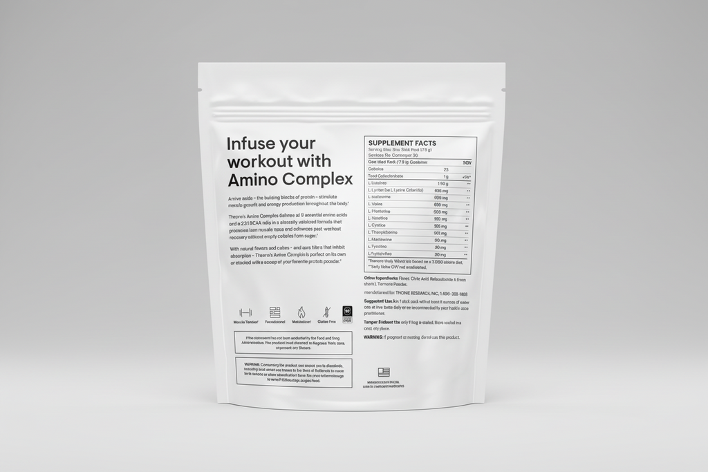 Supplement package with amino acid complex on a white background