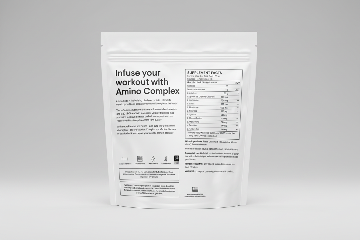Supplement package with amino acid complex on a white background