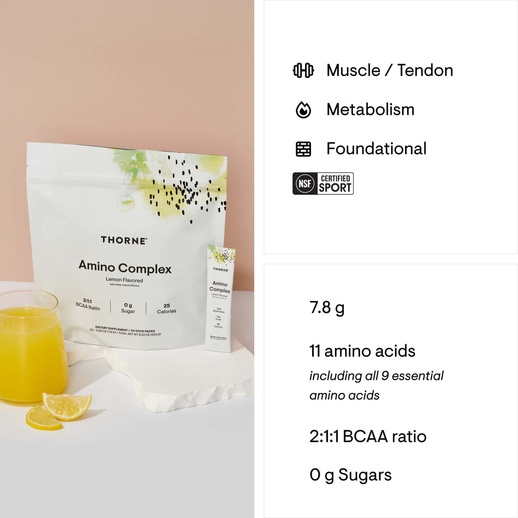 Thorne Amino Complex supplement package with nutritional information on a light background