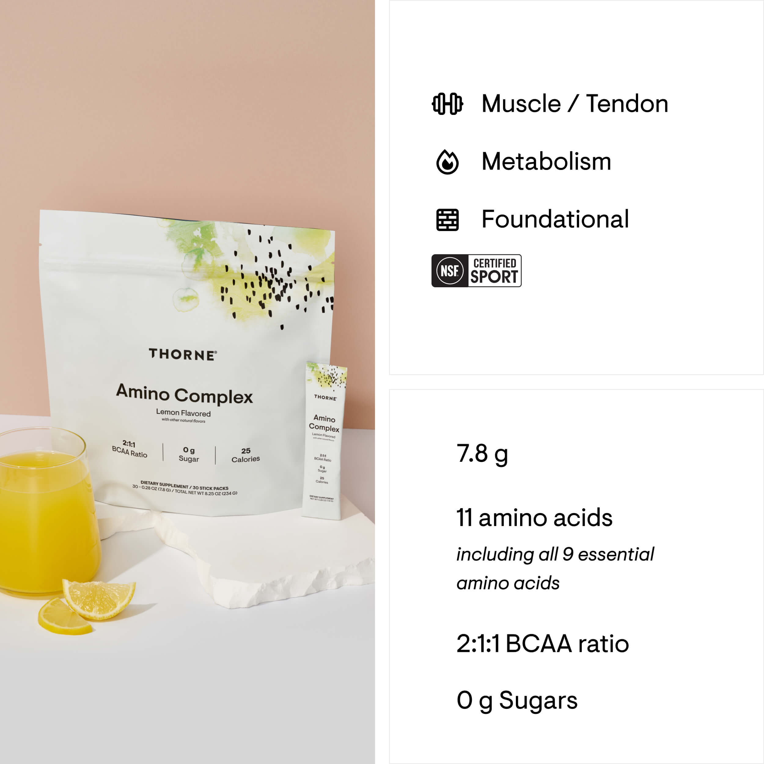 Thorne Amino Complex supplement package with nutritional information on a light background