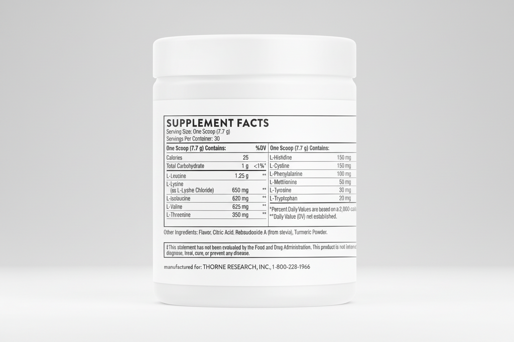 Supplement container with detailed supplement facts label on a white background