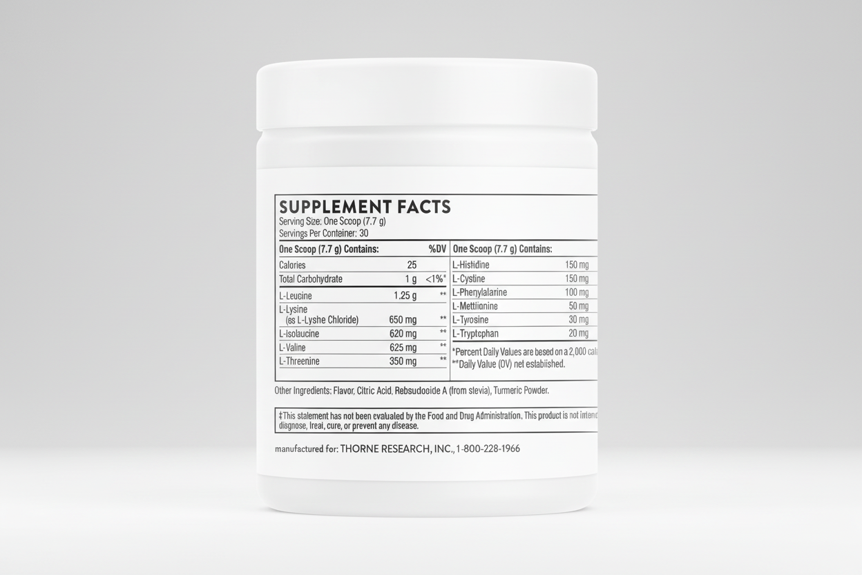 Supplement container with detailed supplement facts label on a white background