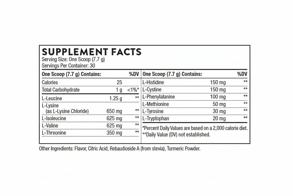 Supplement facts label with detailed nutritional information on a white background