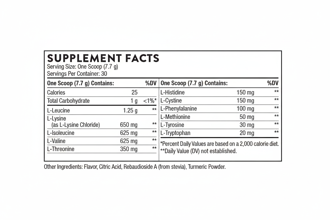 Supplement facts label with detailed nutritional information on a white background