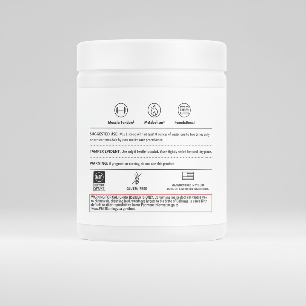 White supplement container with black text and icons on a white background