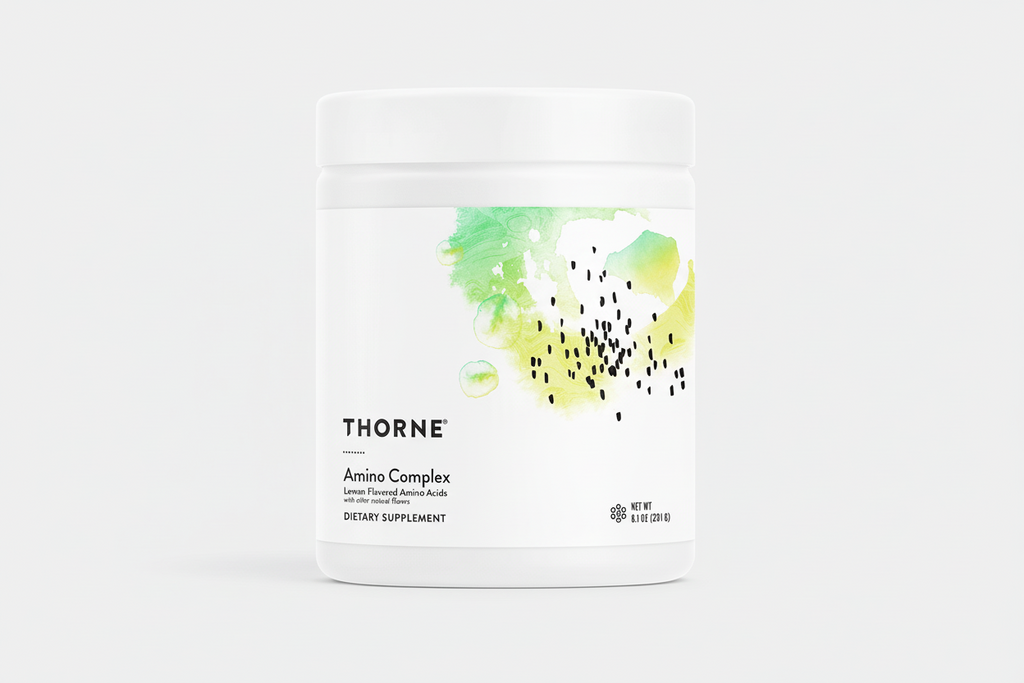Thorne Amino Complex supplement container with watercolor design on a white background