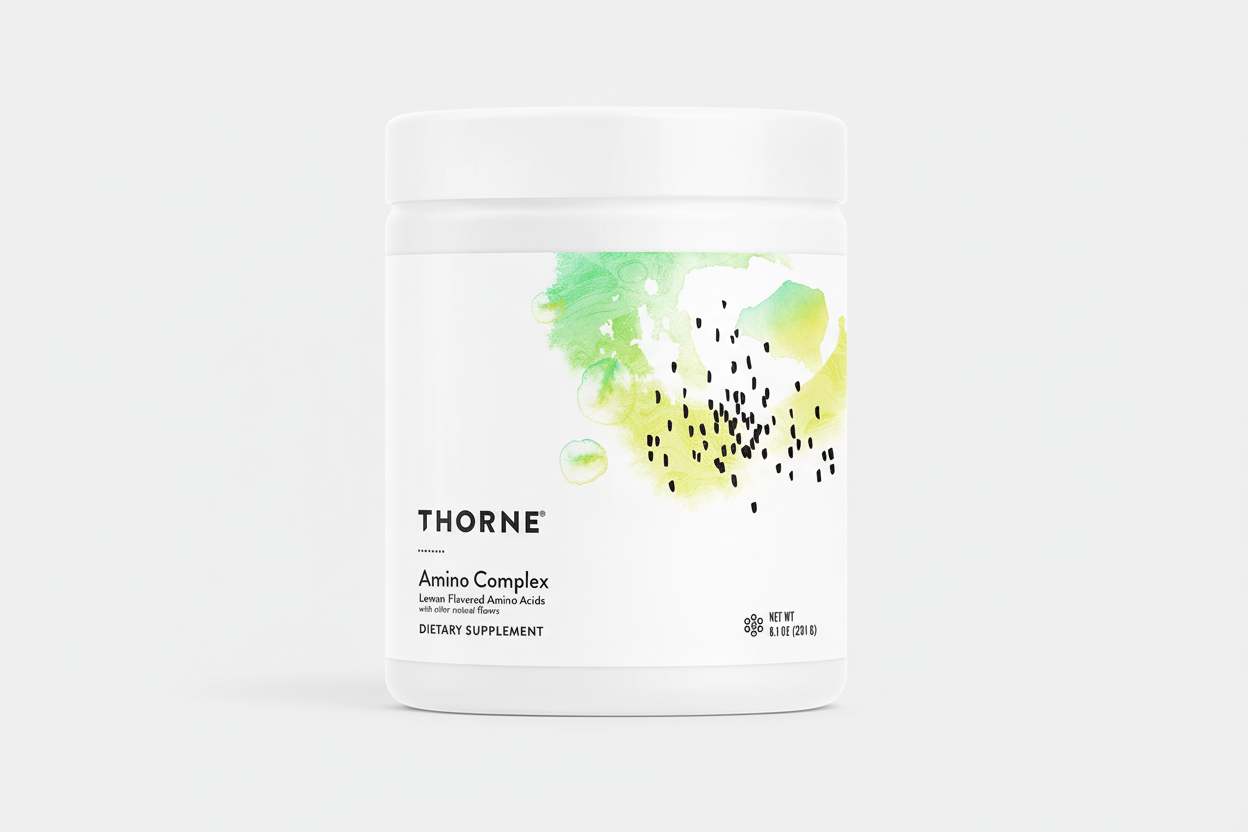 Thorne Amino Complex supplement container with watercolor design on a white background