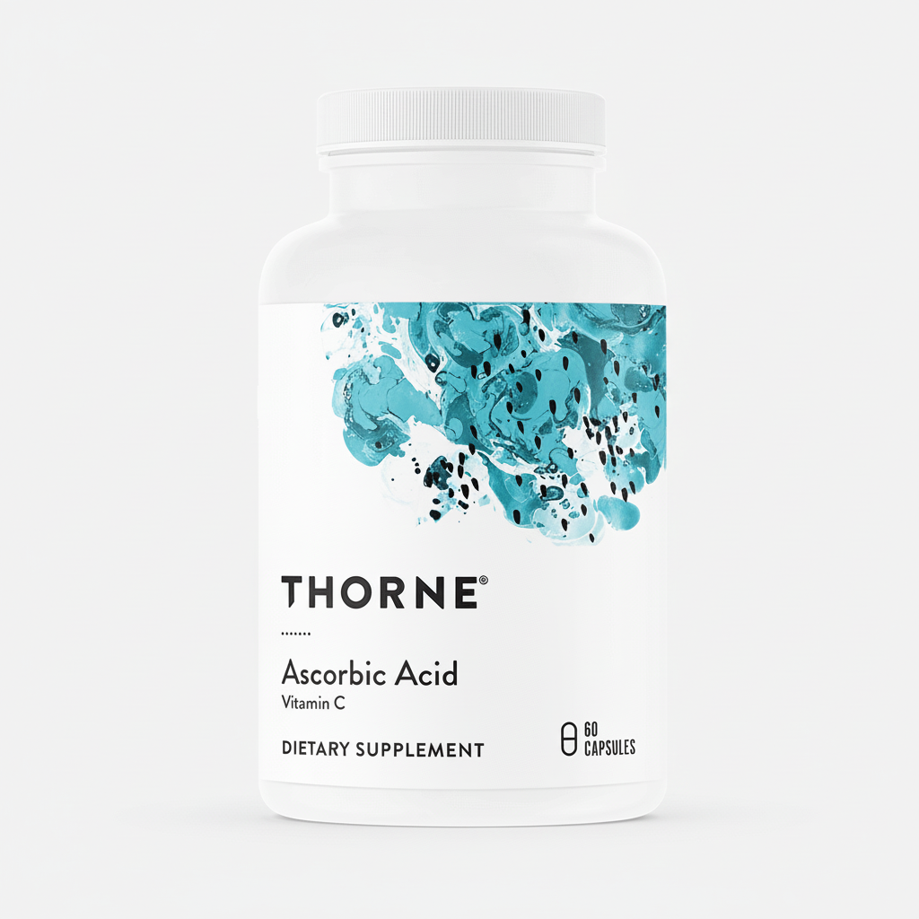 Thorne Vitamins dietary supplement bottle with blue label on a white background