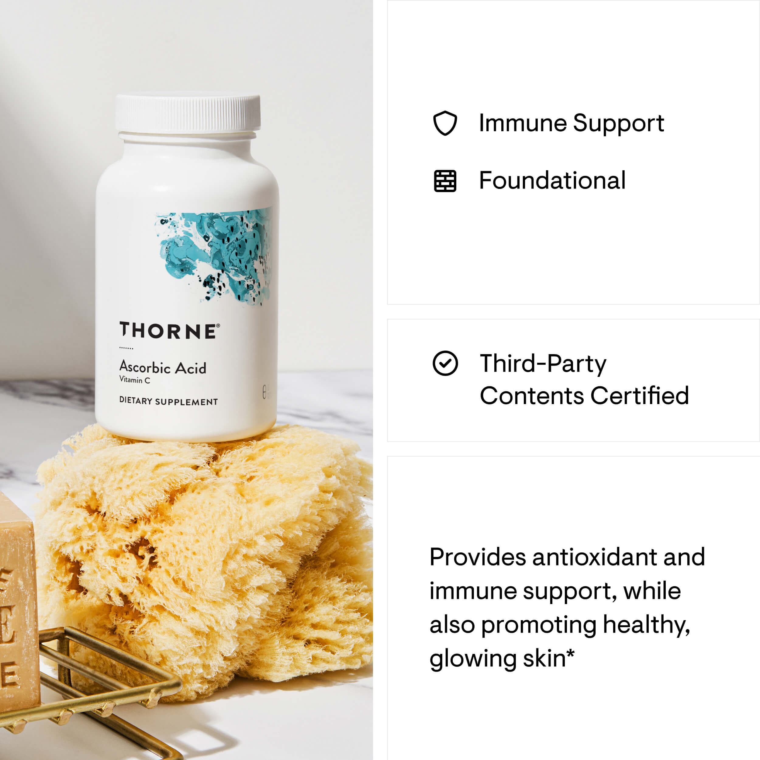 Thorne Ascorbic Acid supplement bottle with text about immune support and skin health on a white background.