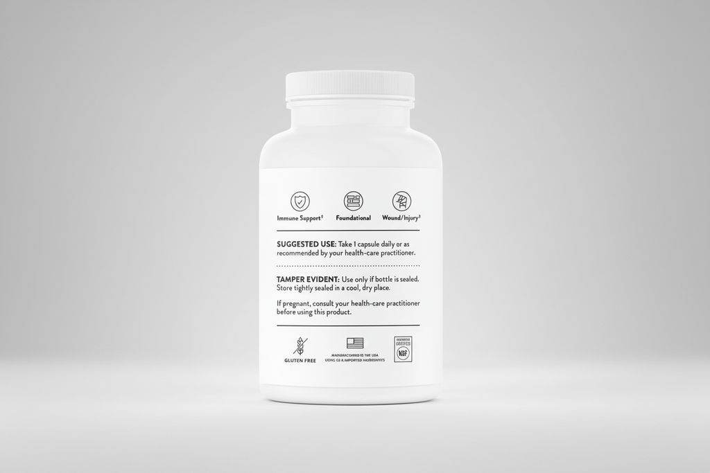 White supplement bottle with label on a white background